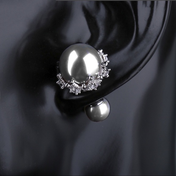 Pearlescent Gray Silver Crystal Pave Double Studs - Picture 5 of 8